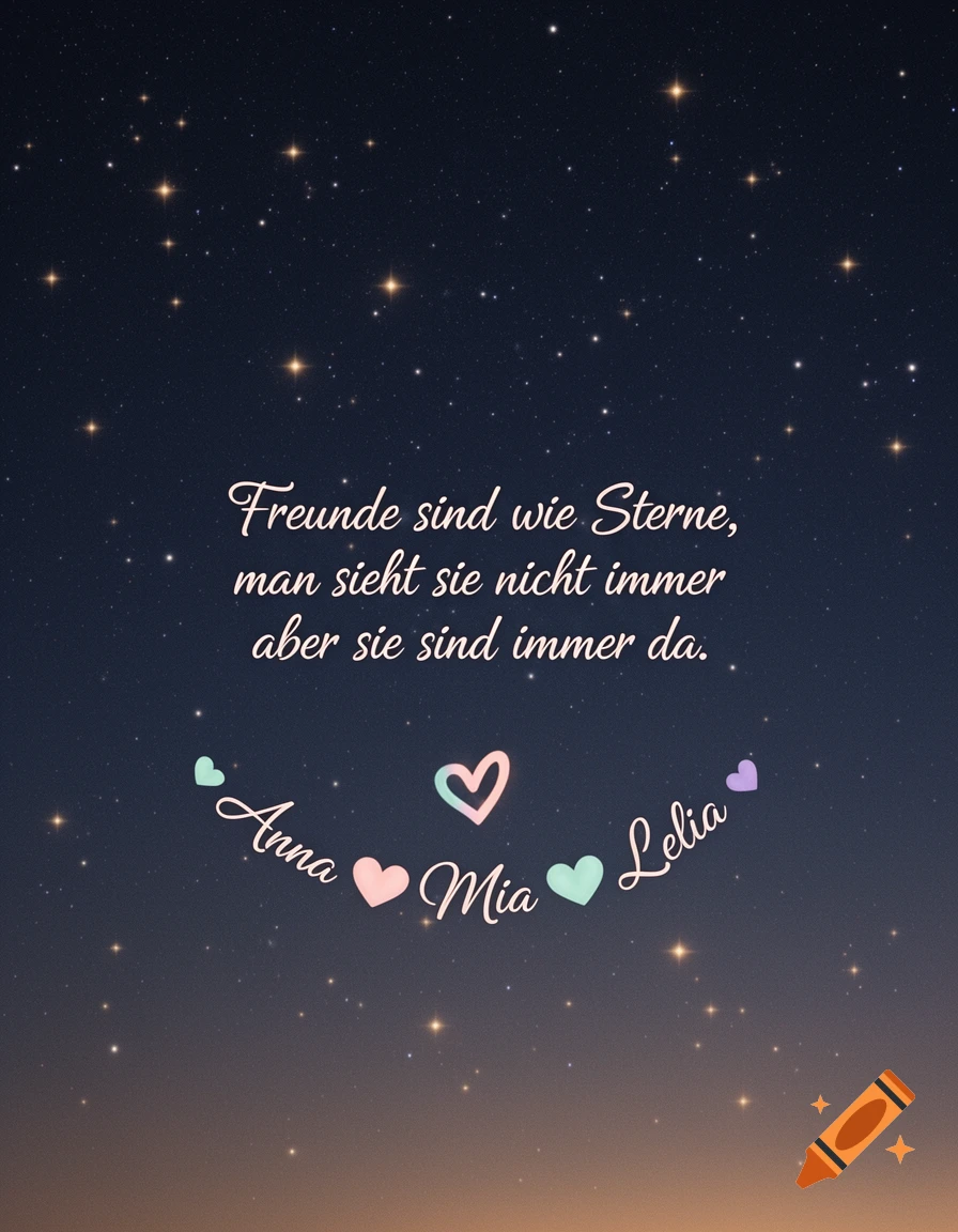 A starry night sky with a German quote about friends being like stars, and the names Anna, Mia, Lelia with hearts.