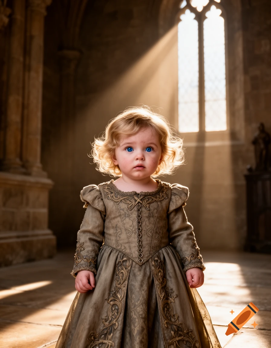 A photorealistic image of a baby girl with blonde hair and blue eyes, wearing an elegant medieval dress in a sunlit castle.