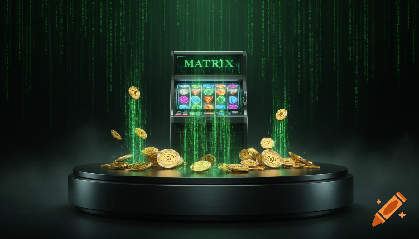 A futuristic slot machine on a dark pedestal, surrounded by golden coins and glowing green Matrix code.