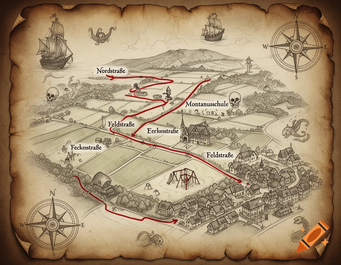 An old, detailed pirate treasure map drawn in a vintage style, showing a town, fields, mountains, and ships, with a red path tracing various labeled streets and schools.