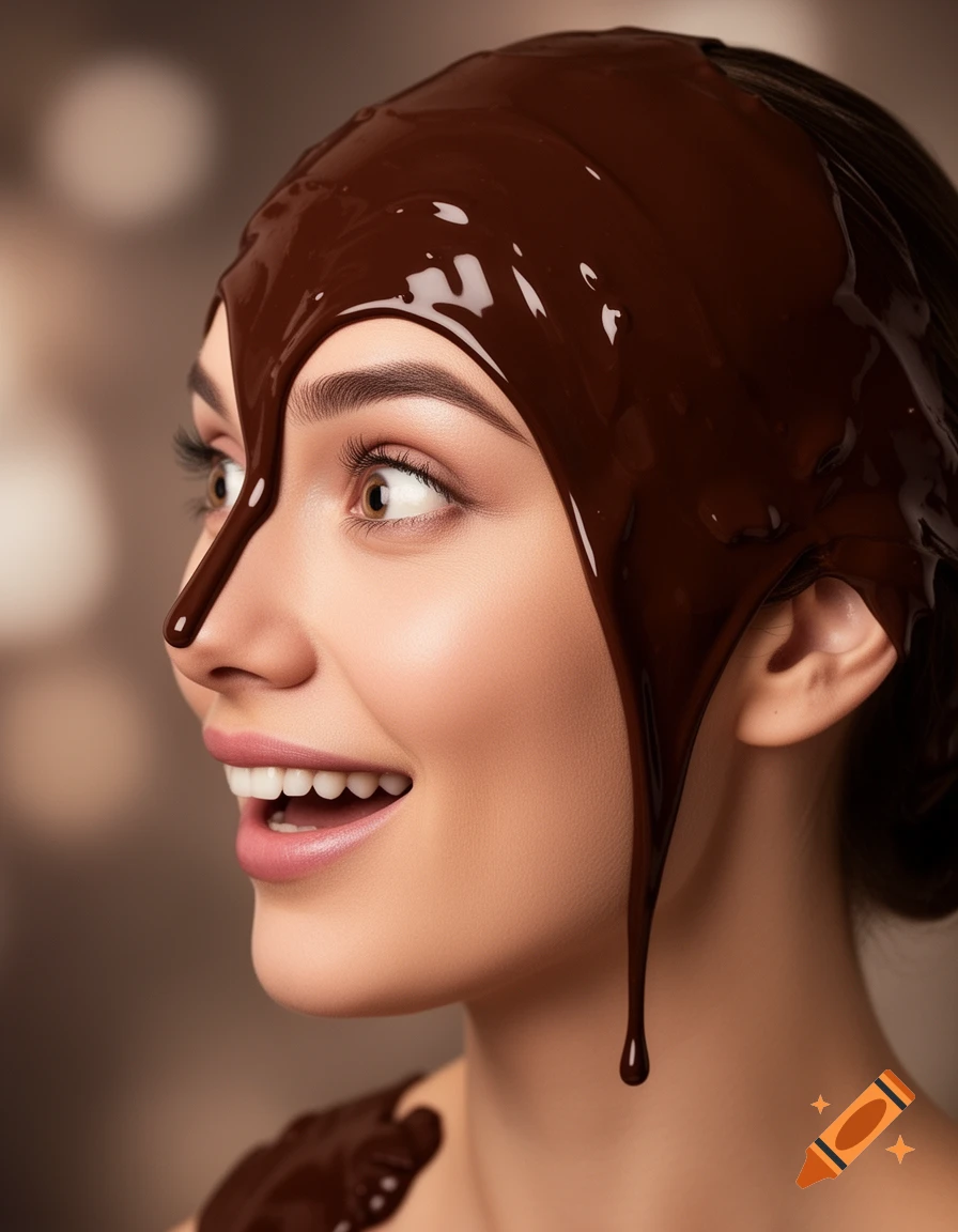 Photorealistic portrait of a woman in profile, smiling as melted chocolate drips over her head and face.
