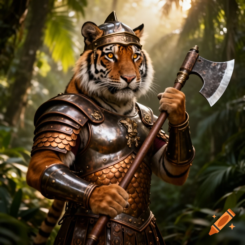 Photorealistic tiger in bronze armor and helmet, holding a large axe in a sunlit jungle.