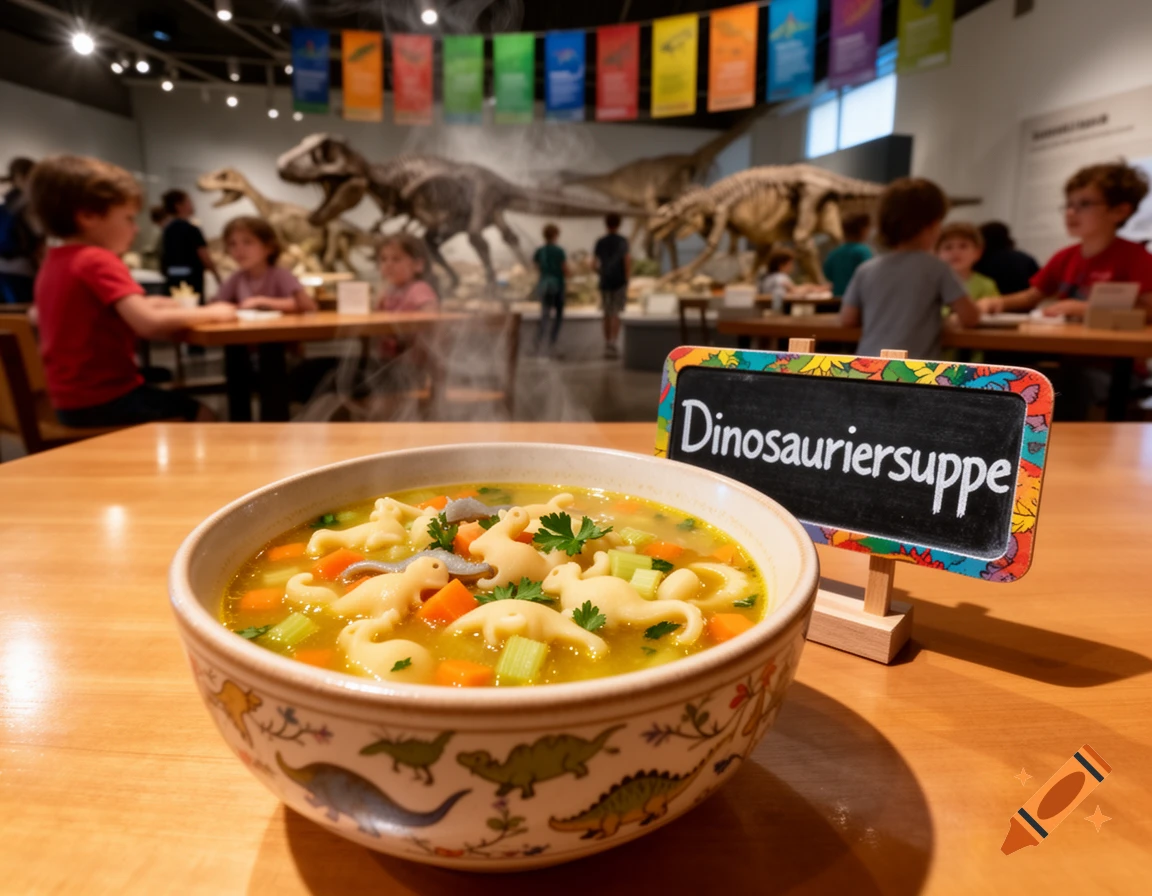 A steaming bowl of dinosaur-shaped pasta soup on a wooden table, with blurred dinosaur skeletons and children in a museum background.