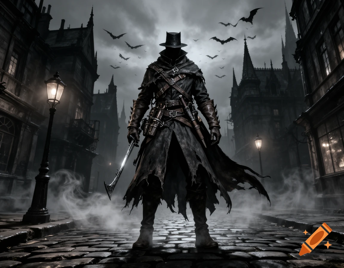 A dark, cloaked hunter-like figure with a wide-brimmed hat and sword stands on a foggy cobblestone street in a gothic city as bats fly.