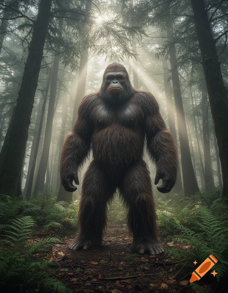 A large, hairy Bigfoot stands powerfully in a misty, sunlit forest with tall trees and ferns.