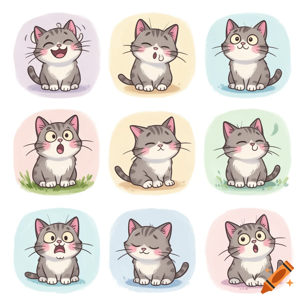 Nine cartoon grey tabby cats showing different emotions like happy, sleepy, surprised, and content, each on a soft colored background.