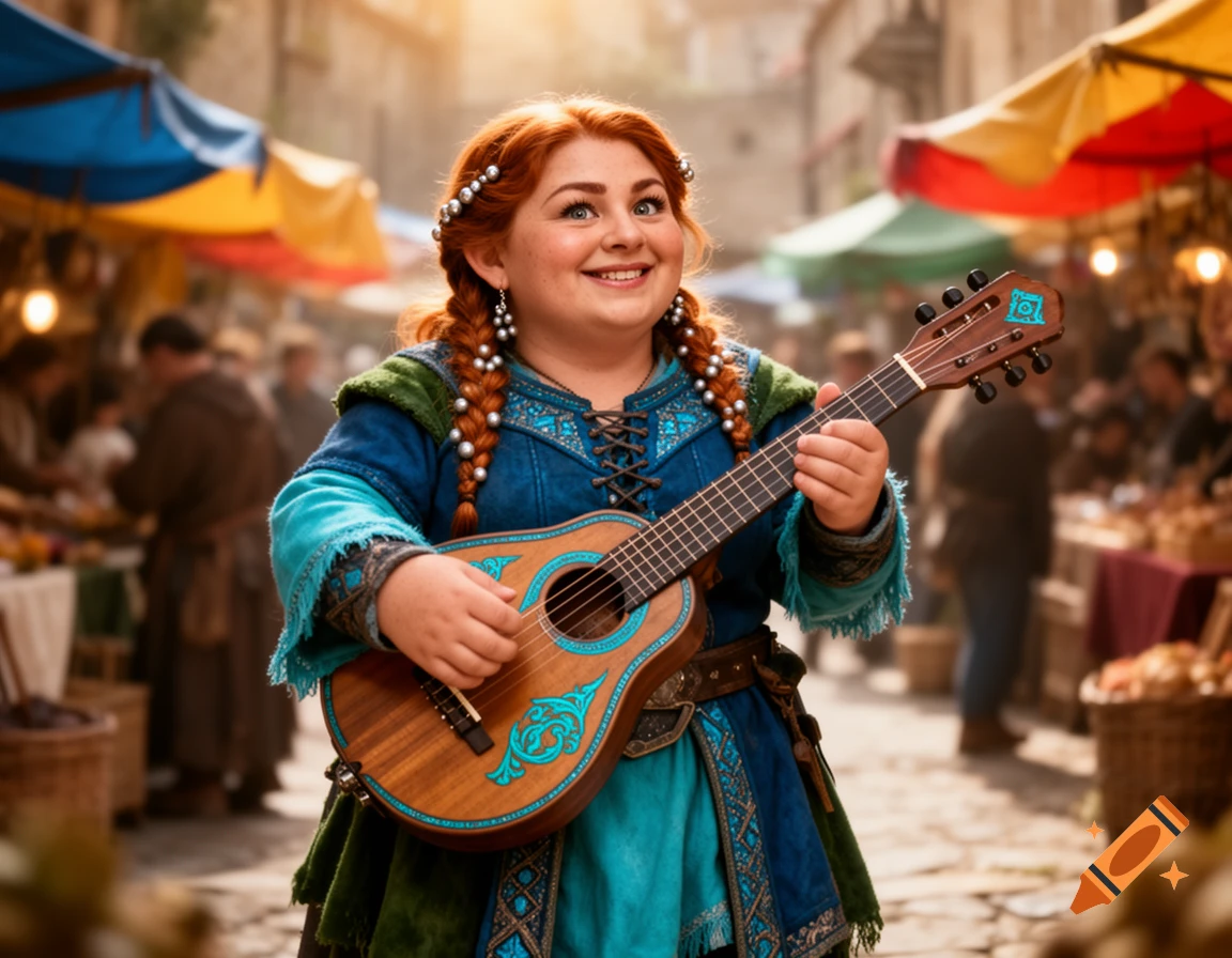 A cheerful red-haired female dwarf bard playing a mandoline in a bustling medieval market.