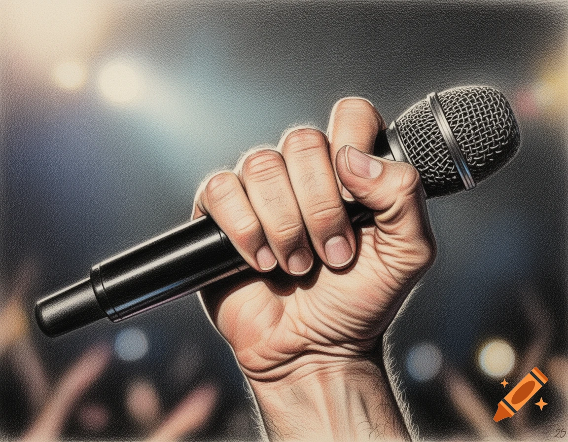 A detailed drawing of a hand gripping a microphone, with blurred concert lights in the background.
