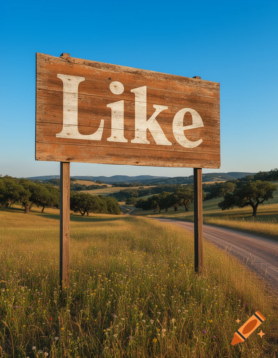 Wooden sign with the word 'Like' in a sunny rural landscape with fields, trees, and a dirt road under a clear blue sky.