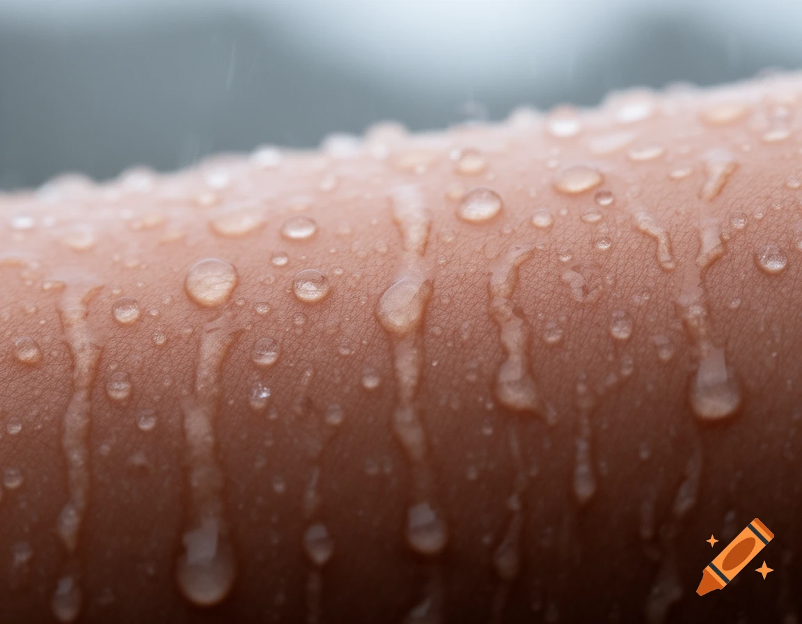 Close-up of skin covered in clear water droplets, some running down.
