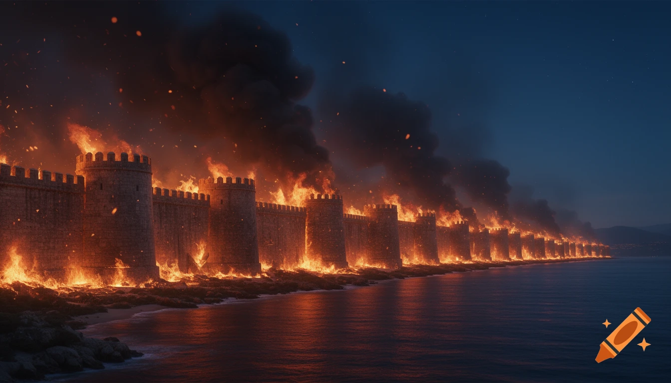 Immense ancient stone city wall burning along a coastline at night, with flames and smoke reflecting on the calm sea.