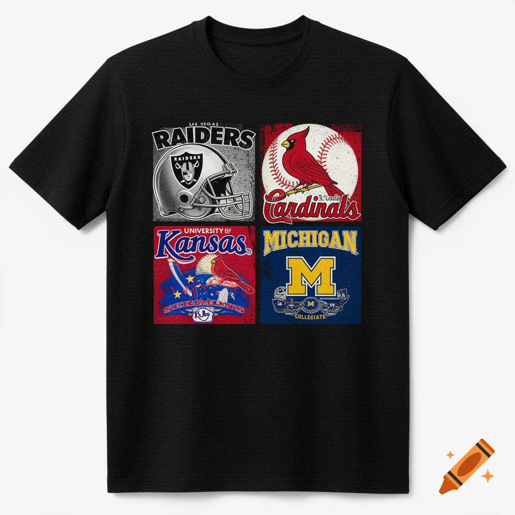 Black heather T-shirt with a vintage sports fan collage. It features four squares: Las Vegas Raiders helmet, St. Louis Cardinals bird and baseball, University of Kansas logo with bird, and University of Michigan 'M' logo.