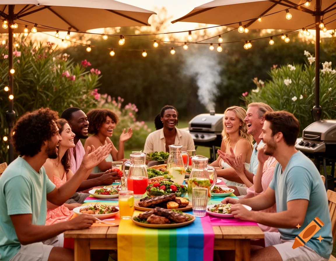 A diverse group of friends laugh and enjoy a summer evening barbecue outdoors under string lights, with food and drinks on a wooden table.