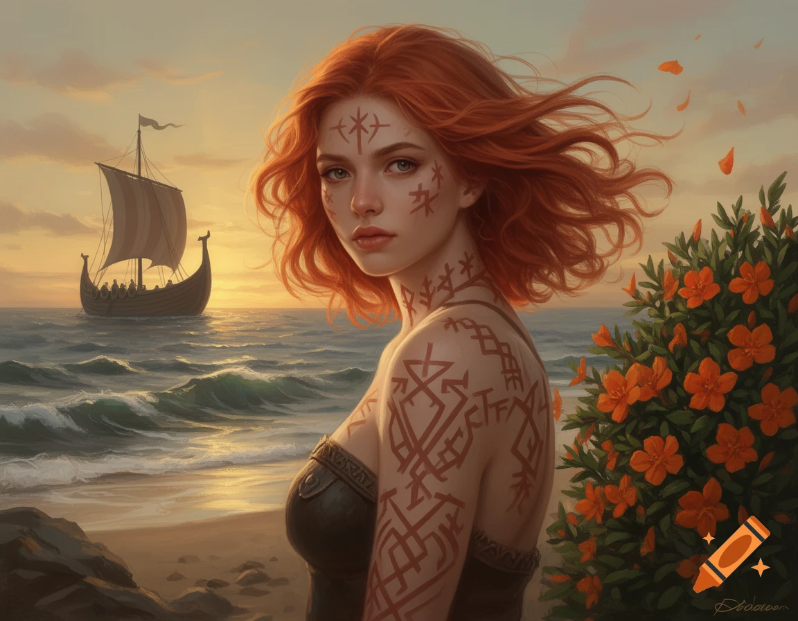 A red-haired Viking woman with runes on her body stands on a beach, a longship sailing in the background at sunset, with orange flowers to her right.