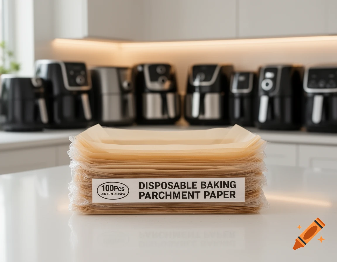 A stack of disposable air fryer parchment paper liners with a label reading "100Pcs DISPOSABLE BAKING PARCHMENT PAPER AIR FRYER LINPO" on a kitchen counter, with blurred air fryers in the background.