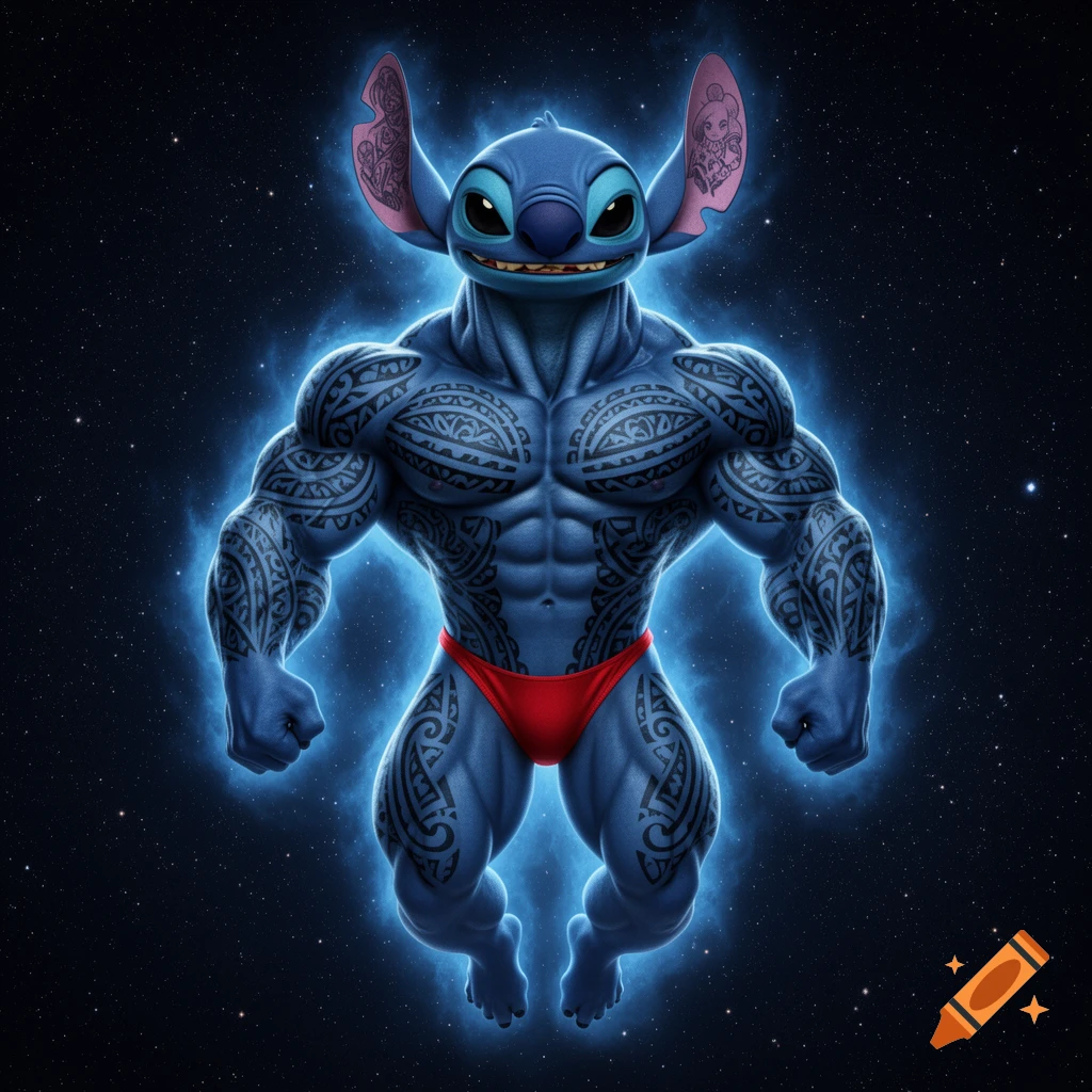 Muscular, tattooed Stitch in a red posing thong floats in space, glowing with a blue aura, in a hyper-realistic style.