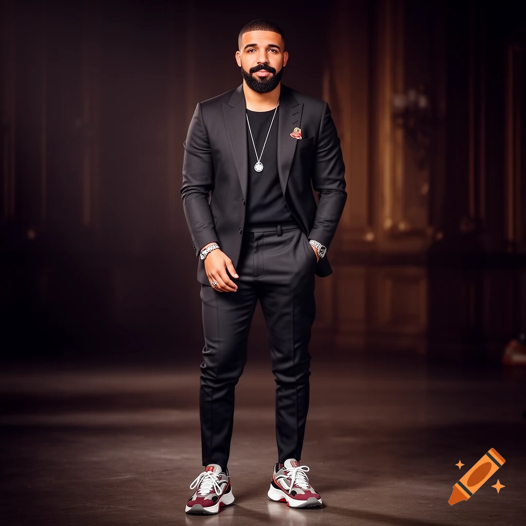 Drake in a black suit with a black t-shirt, silver necklace, and colorful sneakers, posing in a dimly lit room.