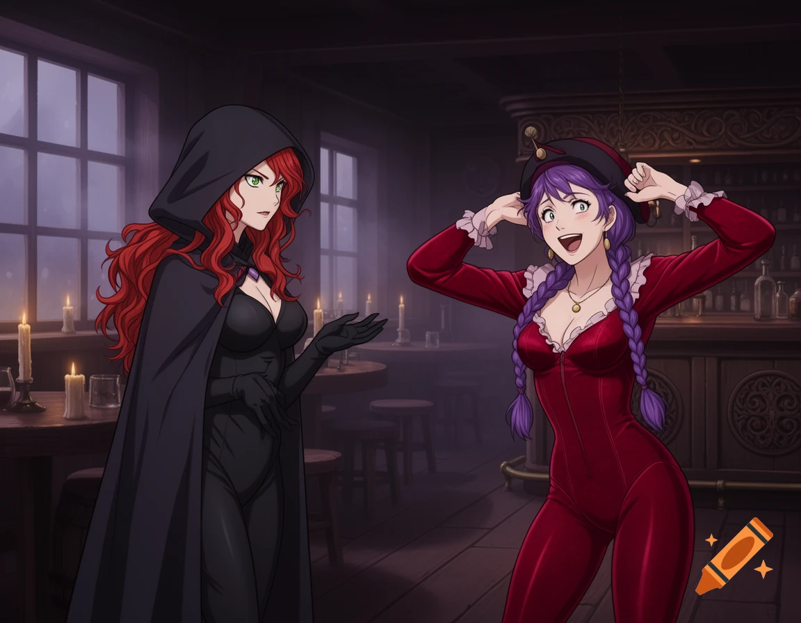 Two anime women in a dimly lit tavern, one in a black cloak and the other in a red bodysuit.
