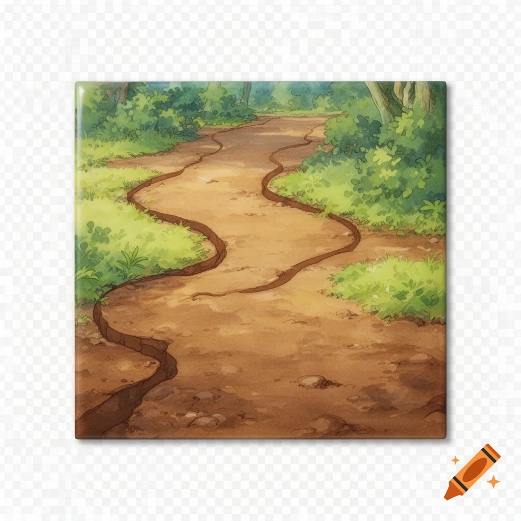 A winding dirt path through a lush green forest, rendered in a Studio Ghibli art style.