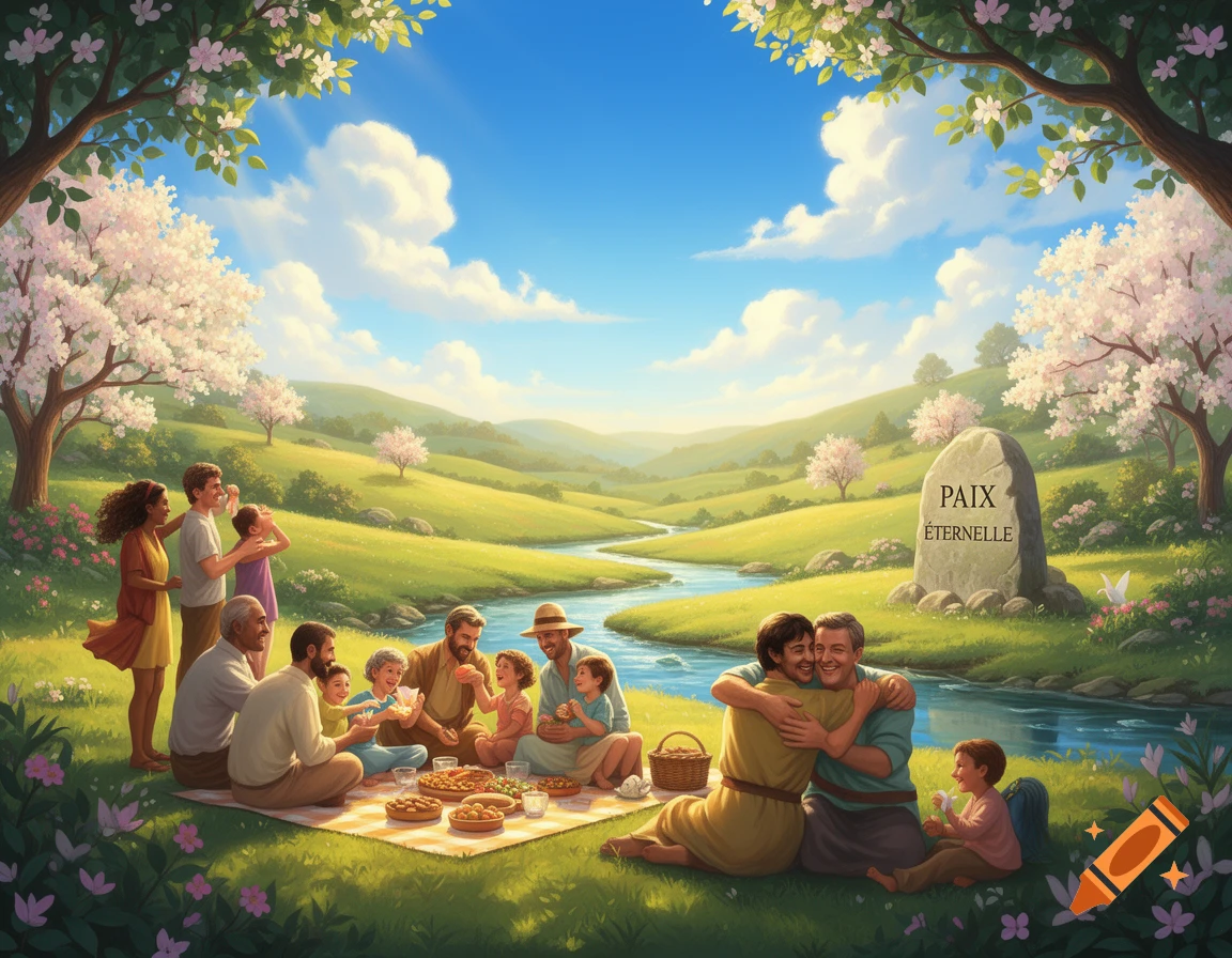A vibrant illustration of diverse families picnicking by a river in a lush, flowering paradise with a stone engraved "PAIX ÉTERNELLE".