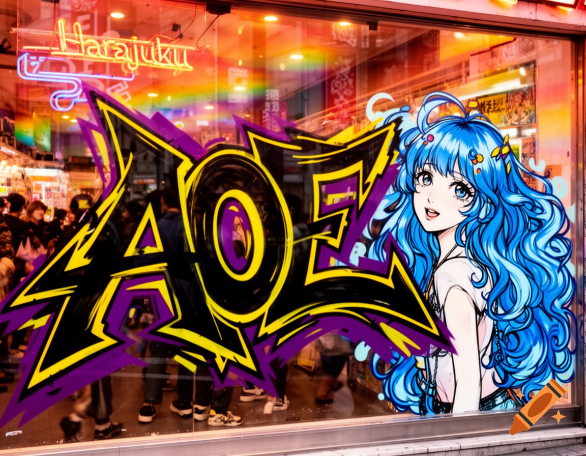 Black, yellow, and purple wildstyle graffiti of 'AOE' on a Harajuku store window with a blue-haired anime girl peeking from behind.
