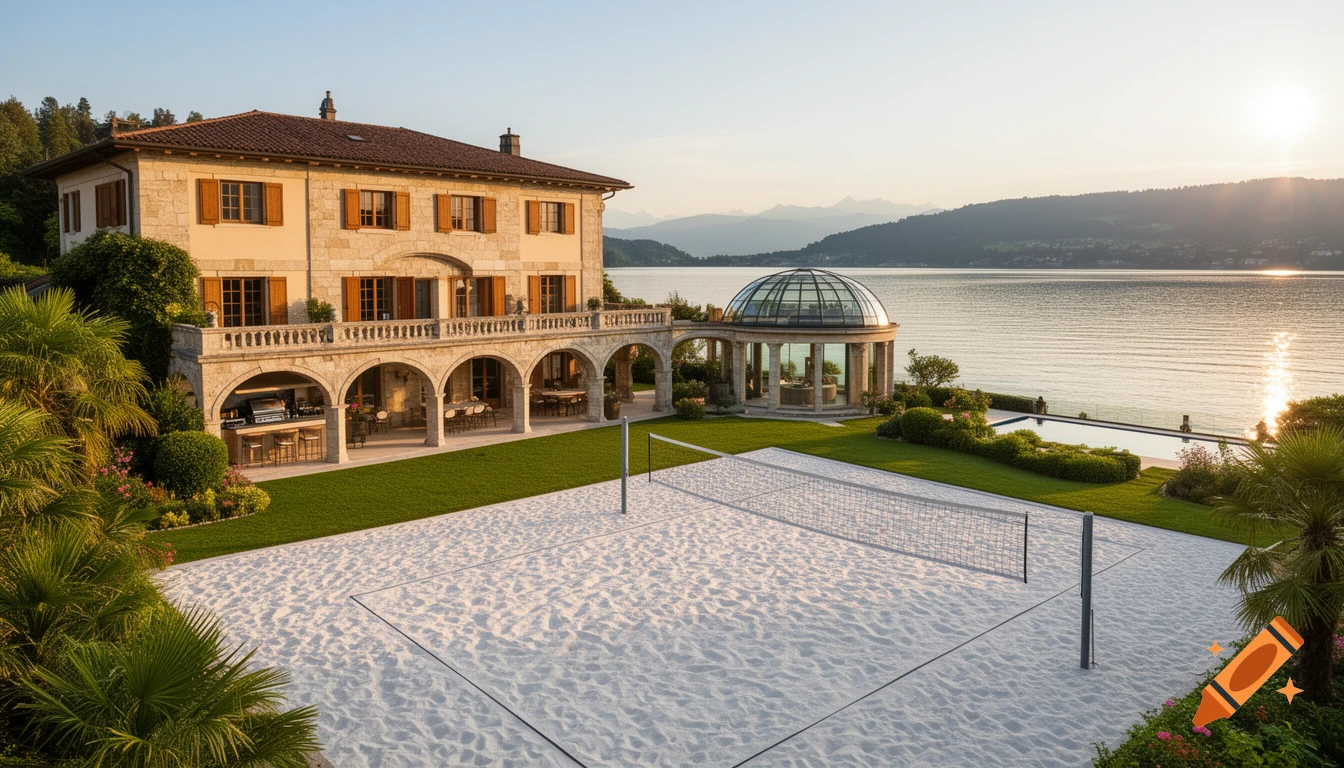 Photorealistic image of a luxury villa by a lake with a private sand volleyball court at sunset.