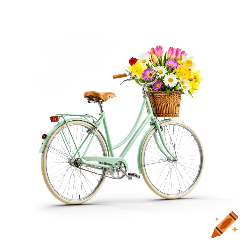 A vintage mint green bicycle with a tan seat, featuring a front wicker basket overflowing with colorful spring flowers, isolated on white.