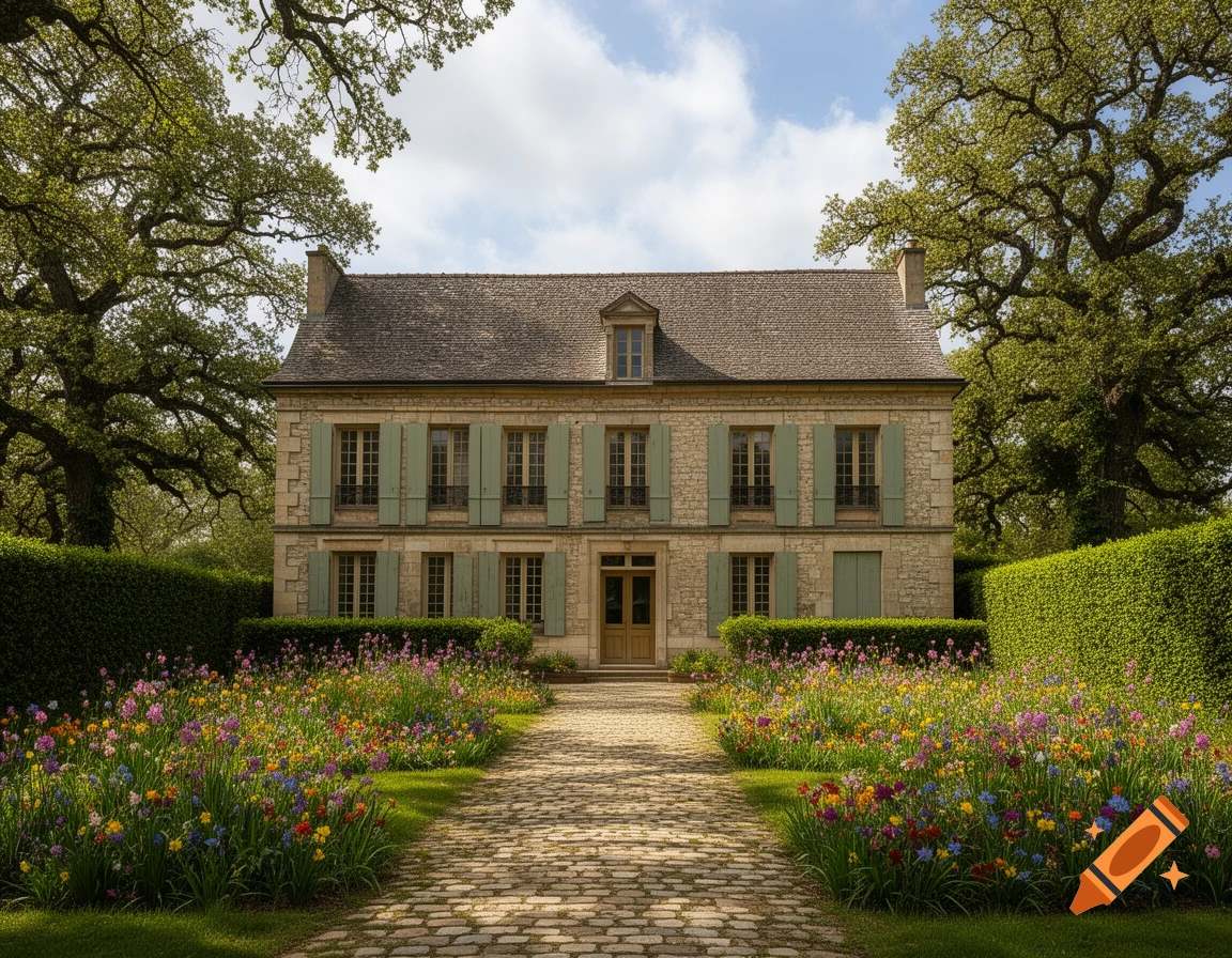A stone house with light green shutters, a cobblestone path, and a vibrant flower garden under a partly cloudy sky.