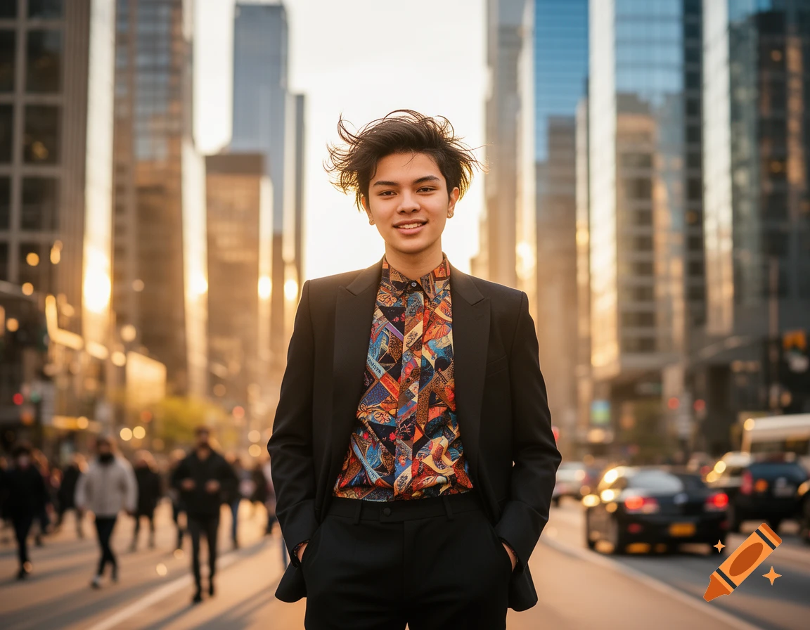 Young person in a patterned shirt and black suit jacket standing on a city street at sunset.