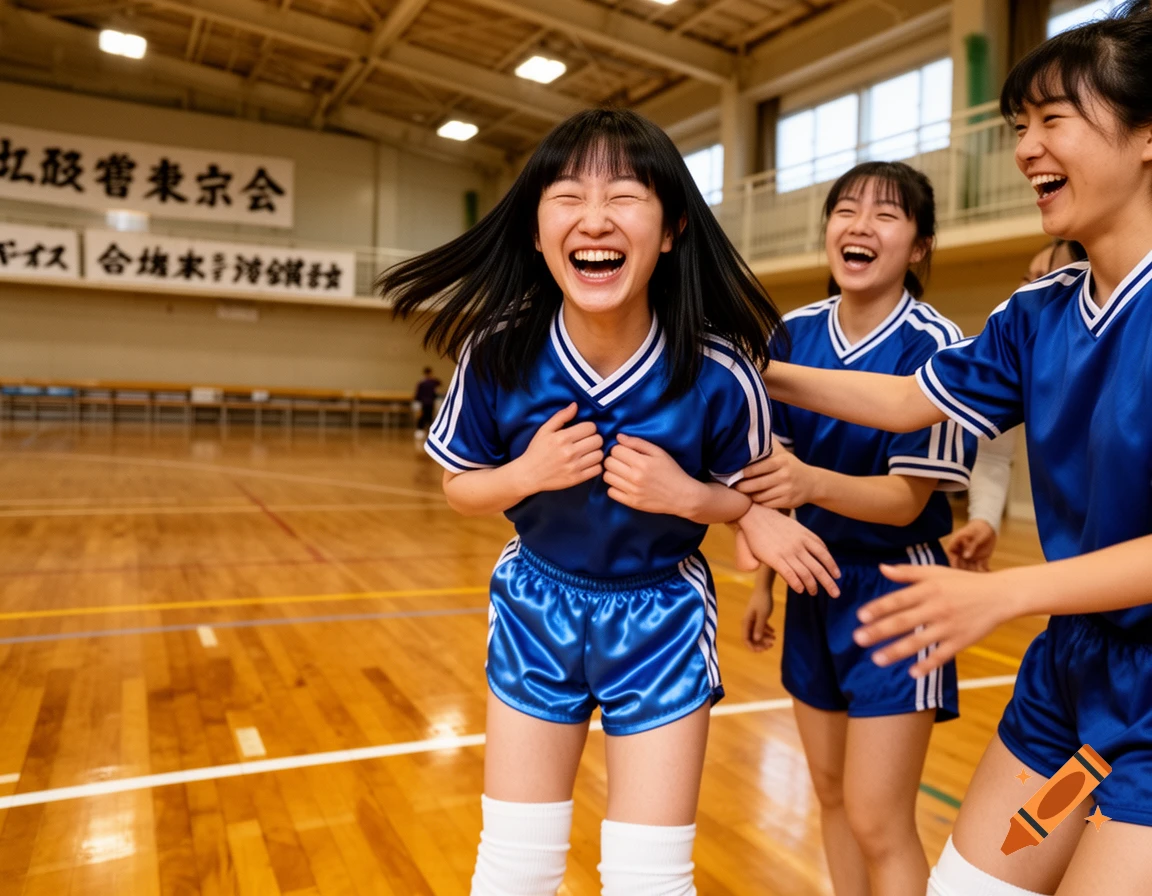Three young Japanese women in blue athletic uniforms laugh hysterically in a school gym, hands on their chests.