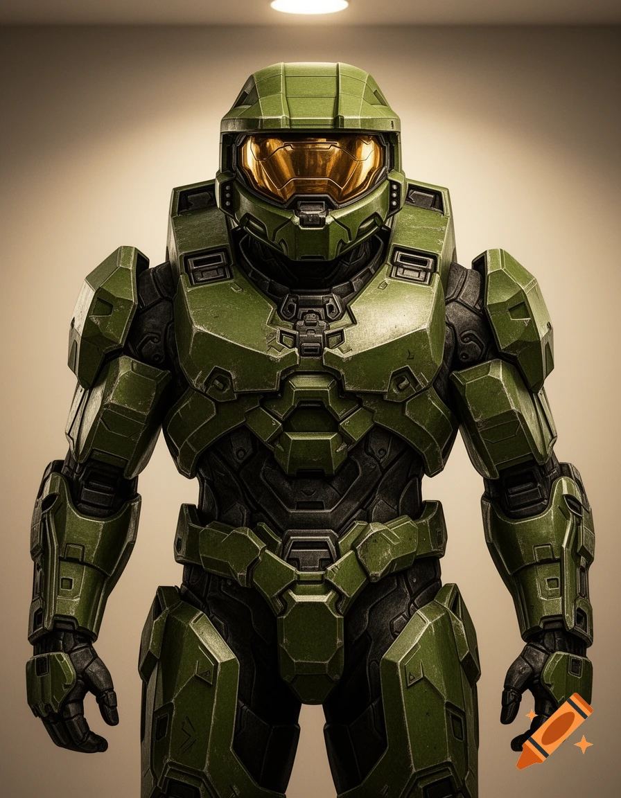 Full-body shot of Master Chief in his iconic green armored suit with a golden visor, standing against a neutral background.