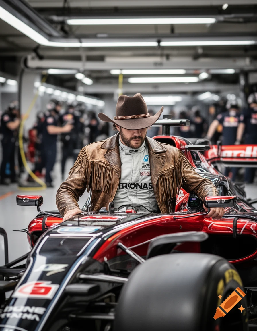A man in a cowboy hat and fringed leather jacket over a racing suit sits in a red Formula 1 race car in a garage with crew members in the background, in a photorealistic style.