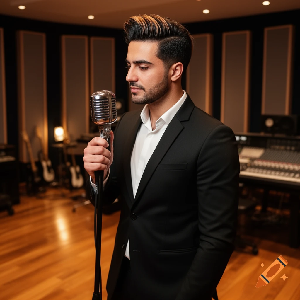 A stylish man with highlighted hair holds a vintage microphone in a recording studio.