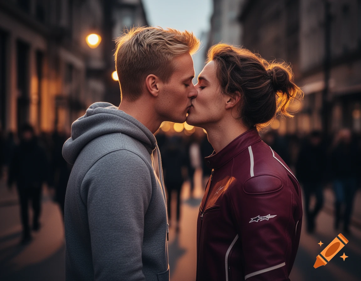 Two men kiss on a city street at sunset, one in a gray hoodie, the other in a burgundy motorcycle jacket.