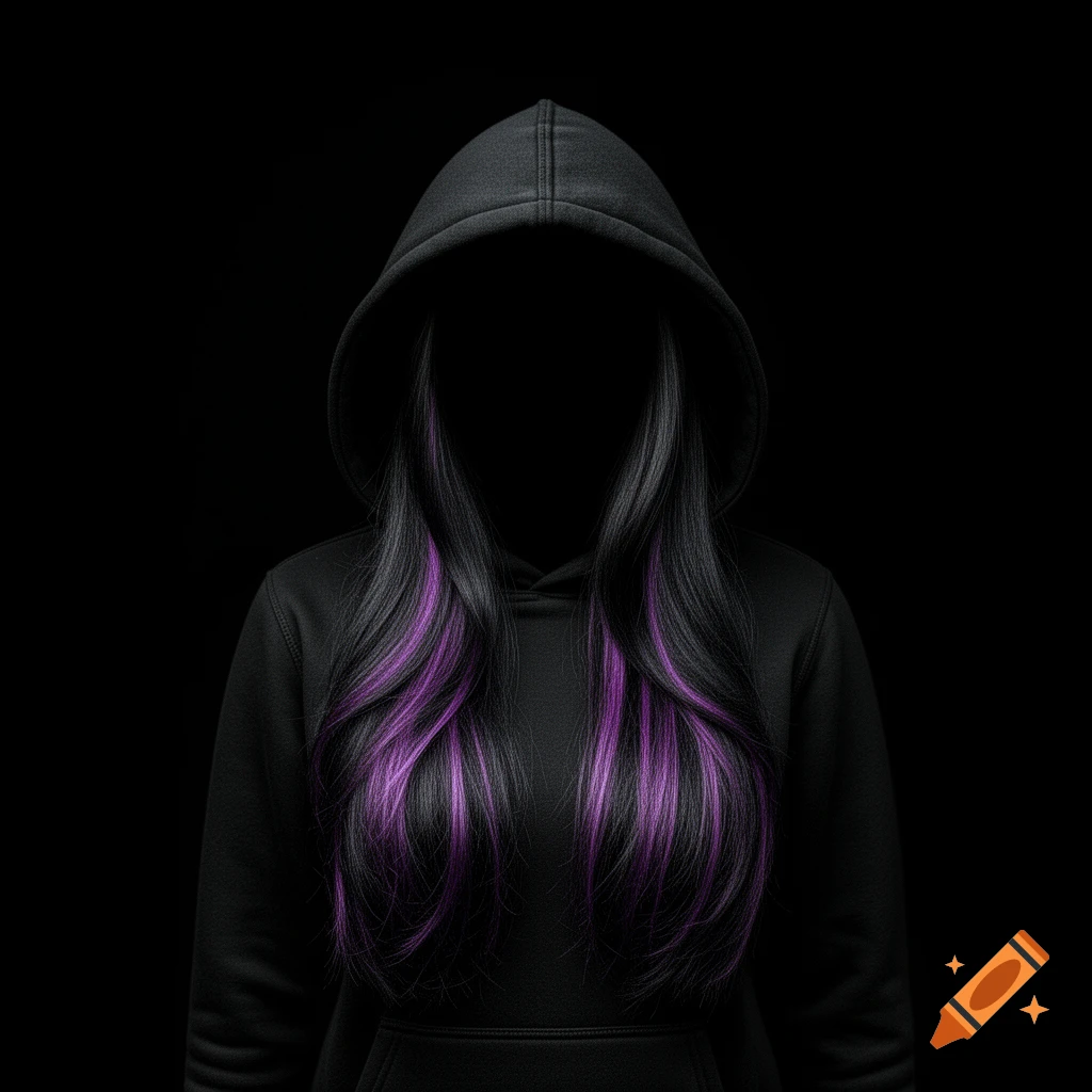 A person in a black hoodie with long black hair and bright purple streaks, their face obscured by shadow on a pitch black background.