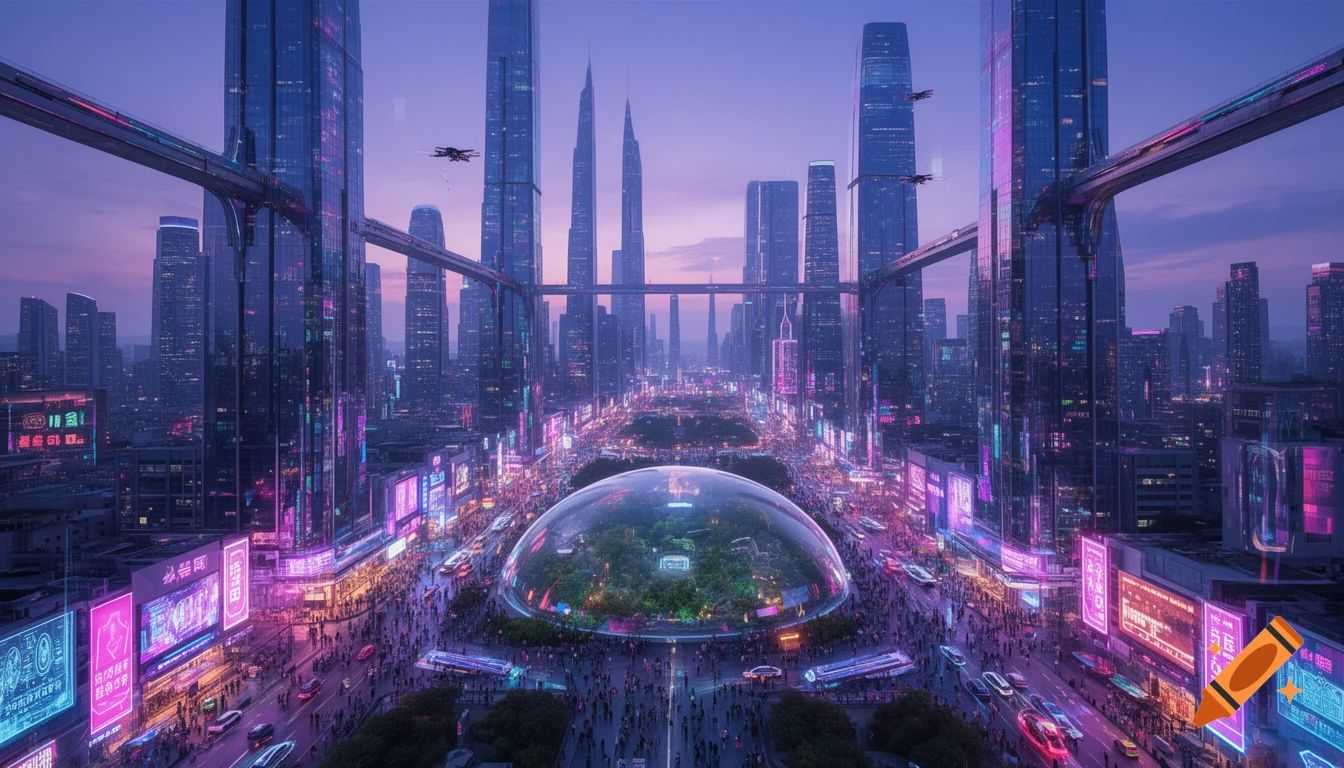 A vibrant, sprawling futuristic city at dusk, with towering skyscrapers, neon signs, elevated walkways, and a large central geodesic dome.