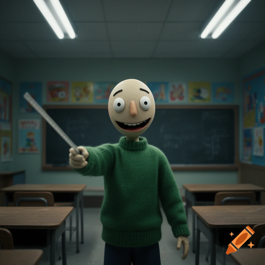A 3D rendered cartoon character resembling Baldi from Baldi's Basics, with a bald head, big eyes, and a wide smile, wearing a green sweater, stands in a classroom holding a ruler.