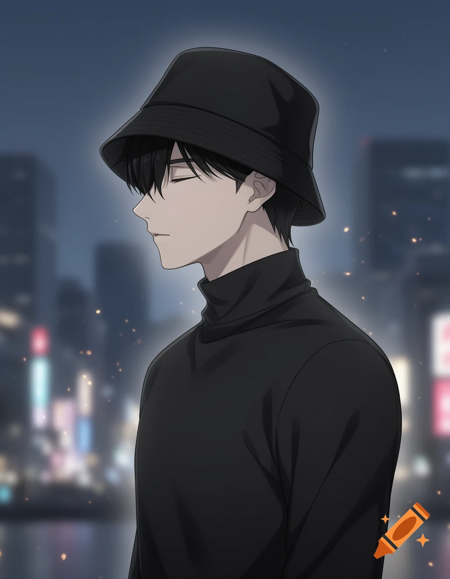 An anime young man with black hair, a black turtleneck, and a black bucket hat, with eyes closed, against a blurred city background.