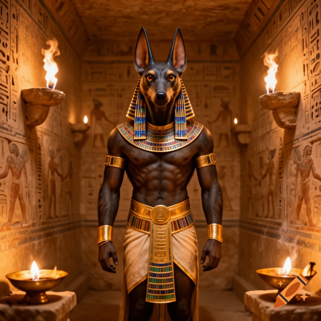 Anubis, an Egyptian god with a dark dog head and muscular human body, stands in a torch-lit ancient Egyptian tomb.