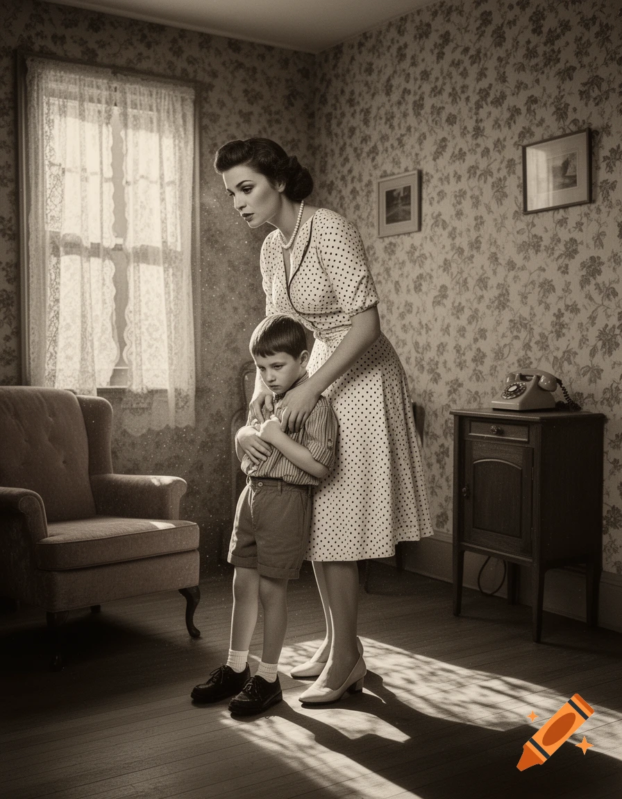 Sepia-toned image of a mother gently holding her son in a 1950s-style room, light rays cross the floor.