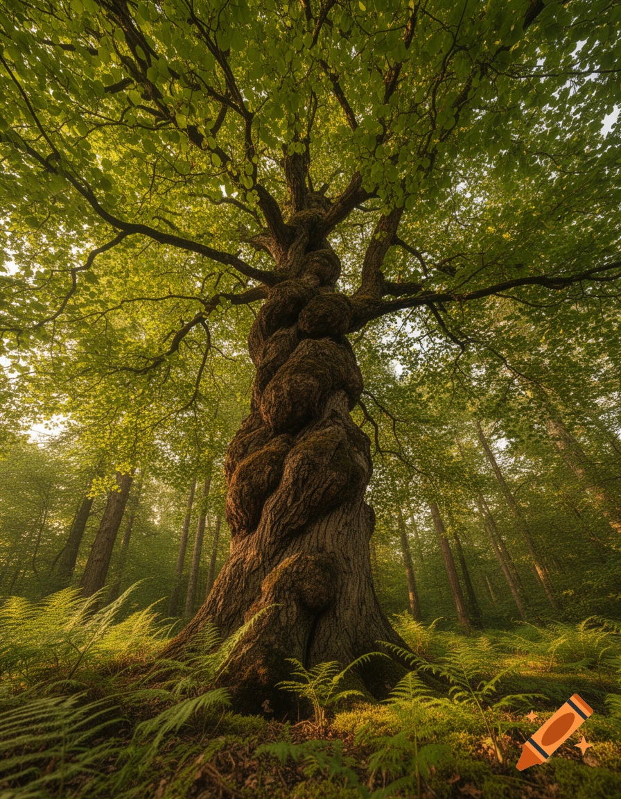 A low-angle, photorealistic view of a large, gnarled tree with bright green leaves in a sunlit forest, surrounded by ferns.