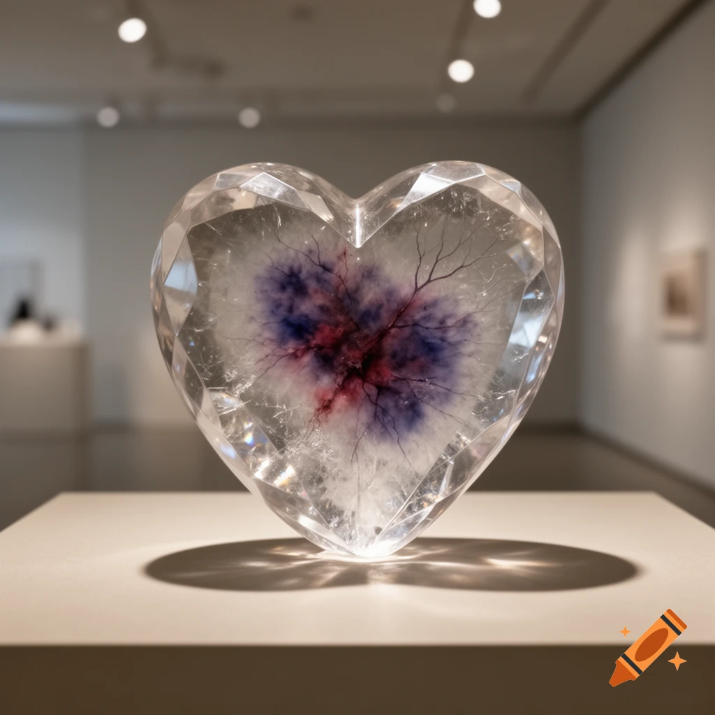 A photorealistic heart-shaped crystal sculpture with internal purple and red vein-like patterns, displayed on a pedestal in a modern art gallery.