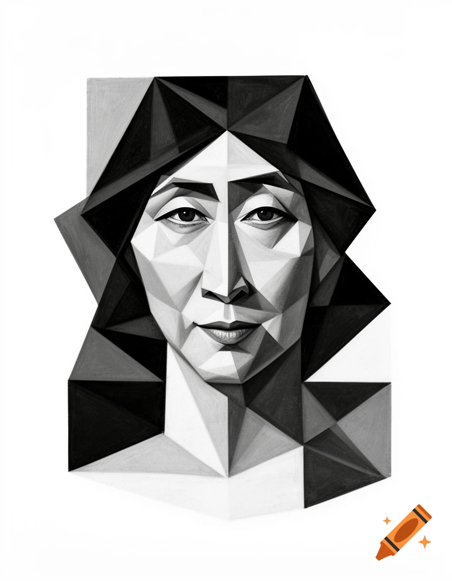 A geometric cubist portrait of Yoko Ono in black, gray, and white against a white background.