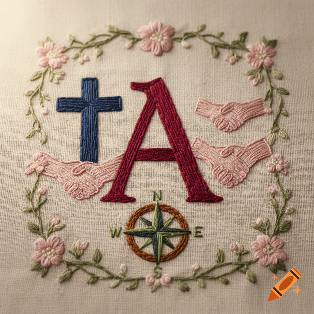 An embroidered design features a red letter A, a blue cross, shaking hands, and a compass rose, framed by pink flowers.