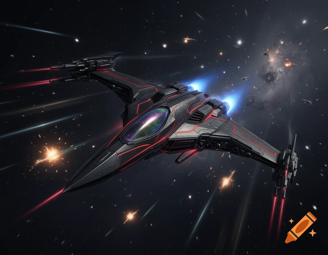 A black and red star fighter spaceship with glowing blue engines and red weapon blasts flies through a star-filled galaxy.