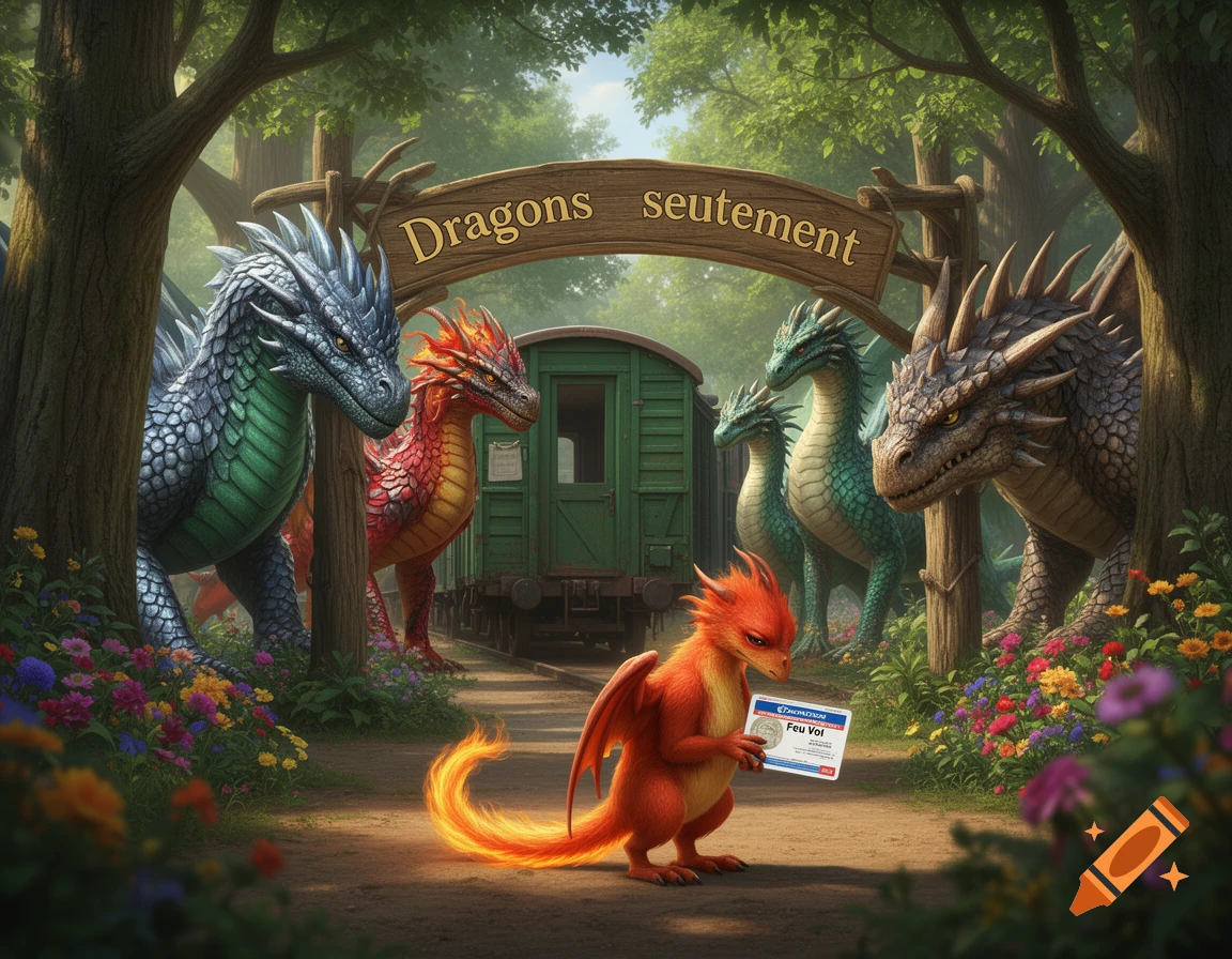 A sad baby dragon holding an ID card in front of a 'Dragons seulement' sign, as larger dragons wait by a train.