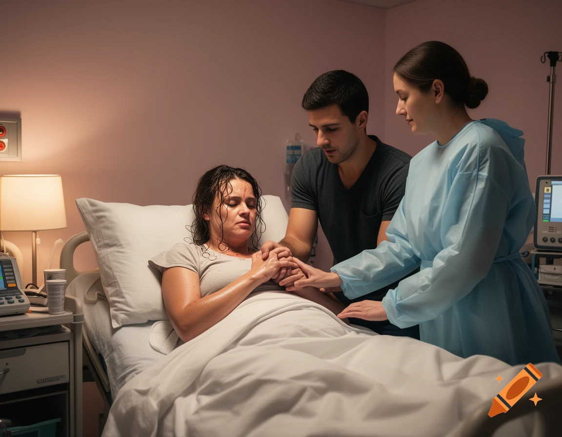 A distressed woman in a hospital bed holds hands with a man, while a nurse in blue scrubs attends to her, photorealistic.