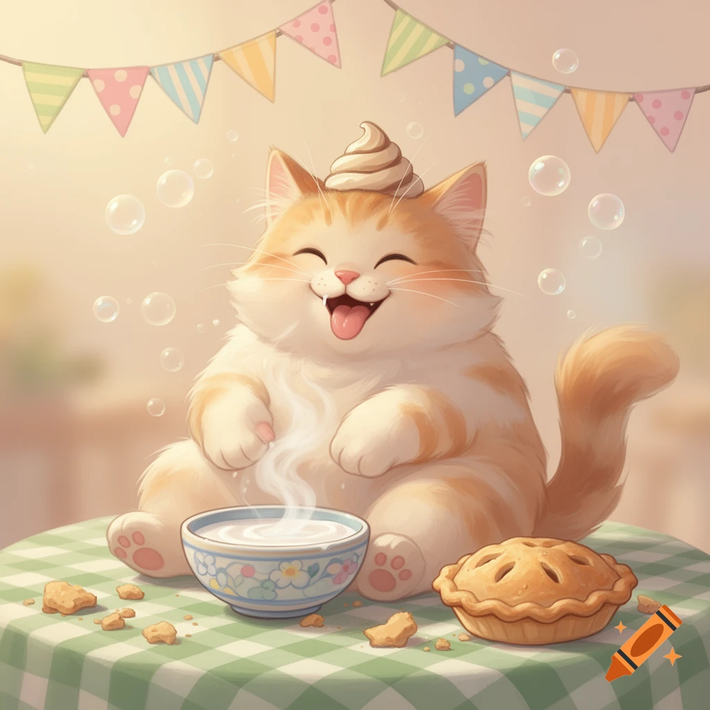 A very happy chubby orange and white cartoon cat with whipped cream on its head, sitting at a table with milk, pie, and crumbs under colorful bunting.