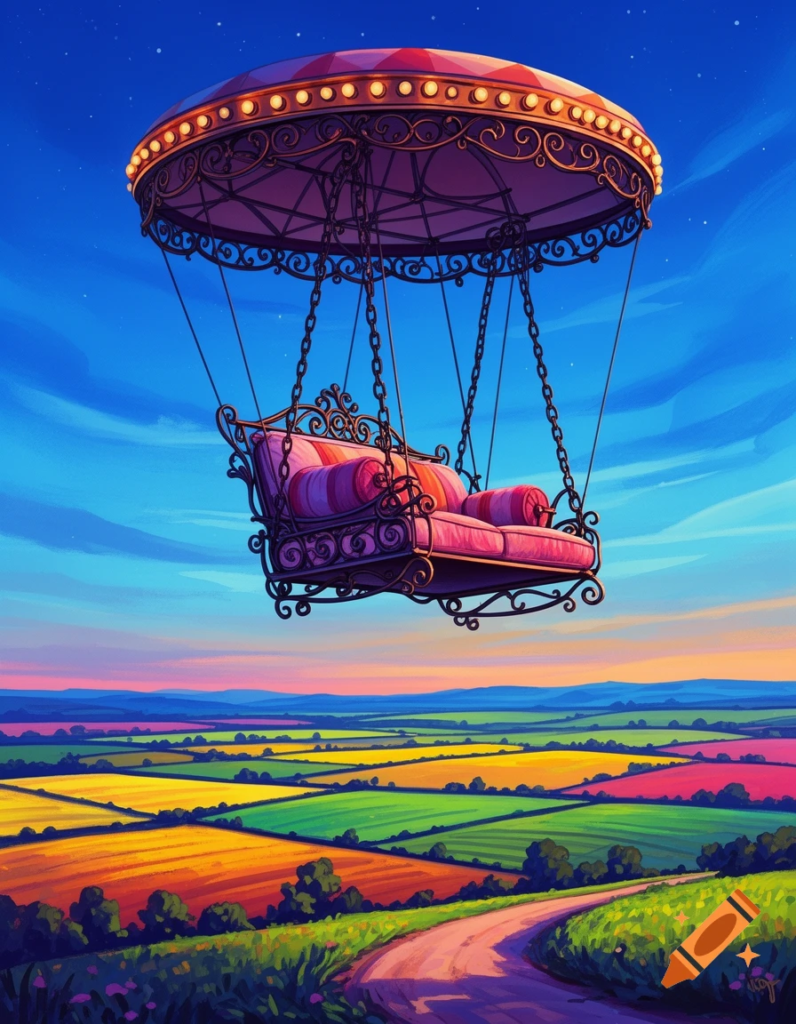 A whimsical, ornate flying couch floats over a vibrant landscape of colorful fields and a winding path under a blue sky, in a stylized illustration.