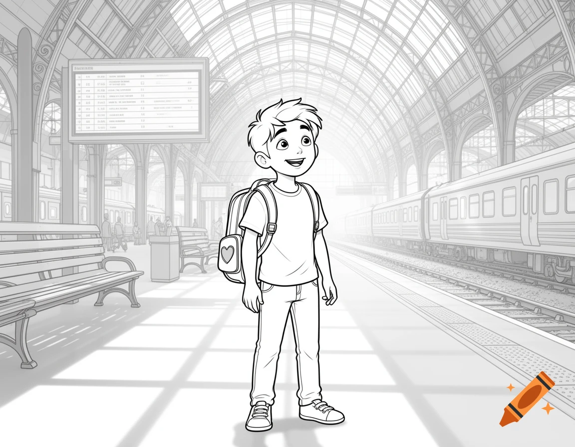 Black and white line art of a young boy with a backpack and a heart design, standing in a detailed train station.